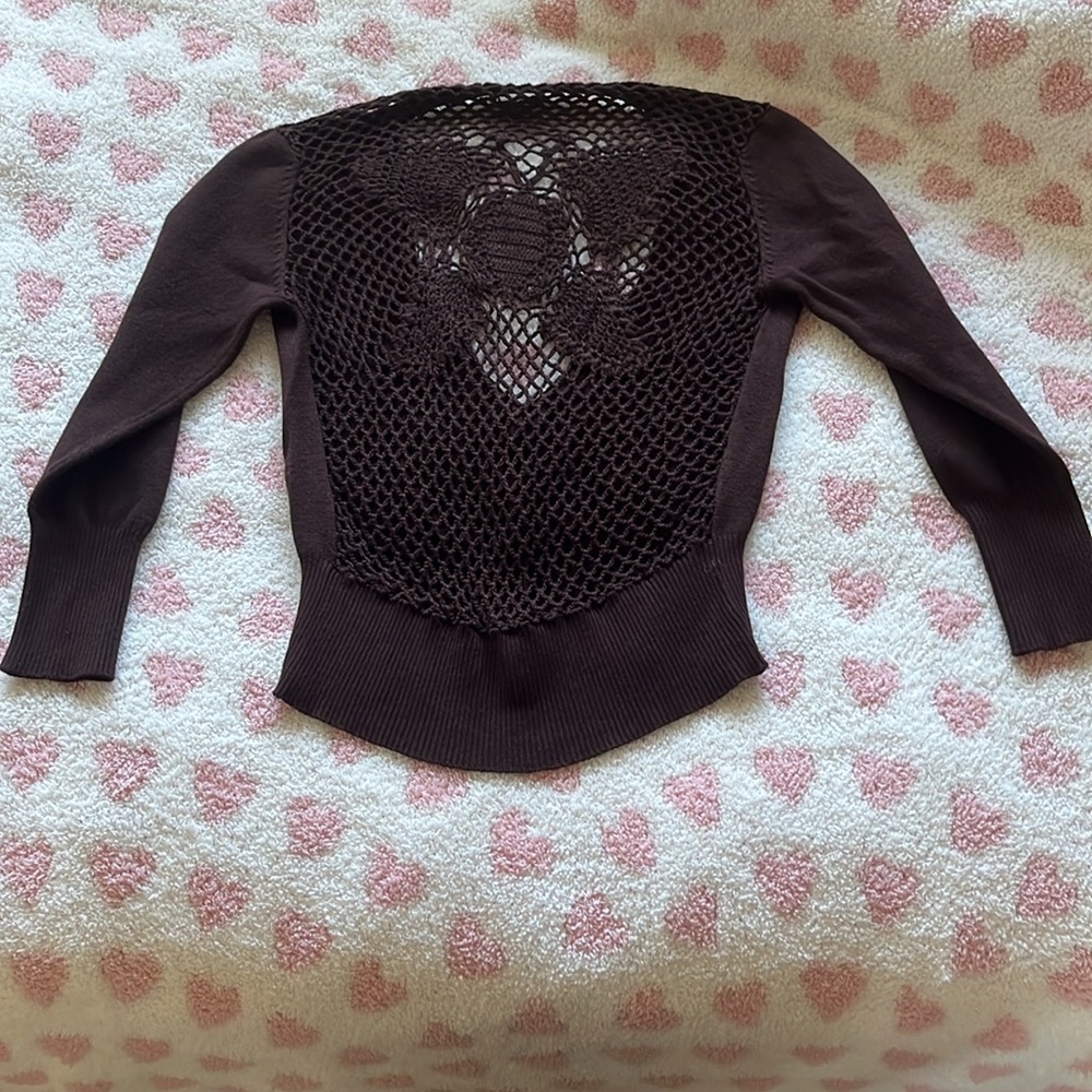 Brown Knit Cardigan with Crochet Detail- butterfly crotchet print in the back